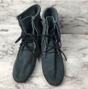 Minnetonka Teal Suede Moccasin Boots with Lace-Up Front